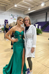 Fitted Corset Prom Dress Dark Green Keyhole Satin Long Formal Wear